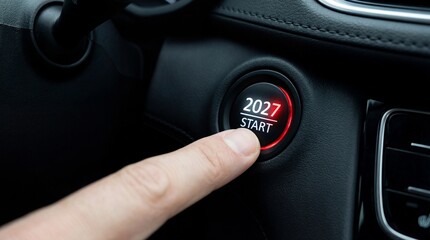 A close up view of a finger poised to press a red start stop engine button inside a modern car s dashboard