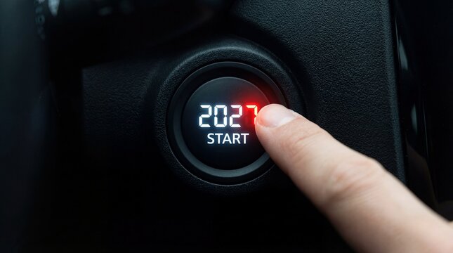 A close up view showcases a finger poised to press the illuminated start stop button in a modern vehicle s dashboard ready to ignite