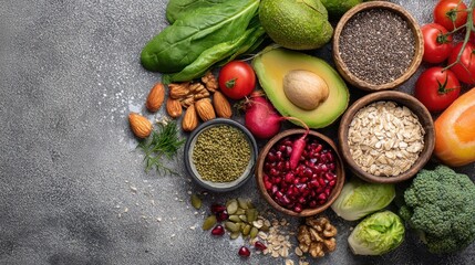 Various fresh healthy products on grey table, top view. Healthy food clean eating selection: fruit, vegetable, seeds, superfood, cereals, leaf vegetable on gray concrete background