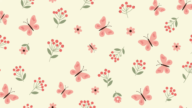 A delicate and sweet seamless pattern featuring pink butterflies, flowers, and berries on a soft cream-colored background.