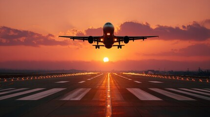 Traffic at airport at golden sunset. Wide shot of passenger airplane taking off from runway.