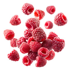Fresh raspberries falling, isolated on white background.png