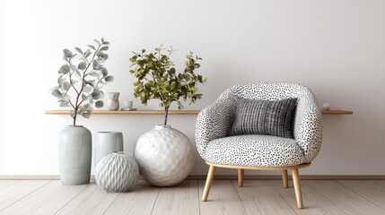 The modern interior living room showcases an armchair and decorative accessories set against a white wall- 3D rendering