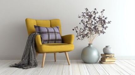 The modern interior living room showcases an armchair and decorative accessories set against a white wall- 3D rendering