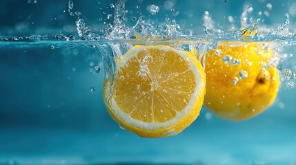 Splash of sliced lemon with water drops over blue background