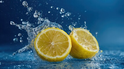 Splash of sliced lemon with water drops over blue background