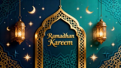 Festive Ramadan Kareem artwork with gold script ornate arch and stars conveying spiritual celebration and cultural tradition