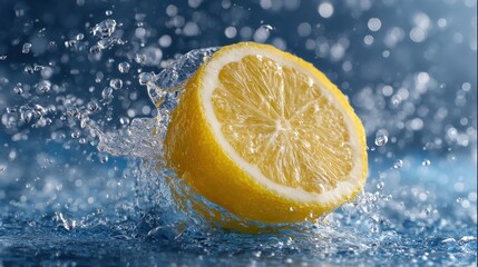 Splash of sliced lemon with water drops over blue background