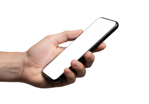 Extreme close-up macro shot of professional hand holding a sleek, matte black smartphone with a blank white screen, against a seamless transparent background. Concept for high-tech product advertising - Powered by Adobe