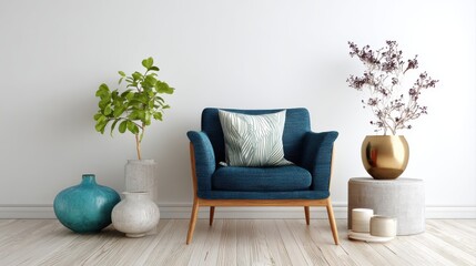 The modern interior living room showcases an armchair and decorative accessories set against a white wall- 3D rendering