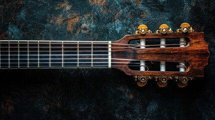 Close-Up View of Classical Guitar Neck and Headstock with Decorative Tuning Pegs on a Textured Background