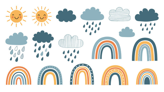 A cute collection of Scandinavian-style weather elements, including smiling suns, rain clouds, and boho rainbows.