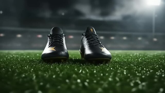 Black Football Boots on Green Grass Field.