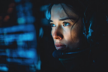 Military drone operator focused at control station with headset in low light environment, illuminated by digital screens, showing determination and concentration during mission