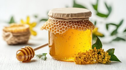 Bright and Natural Honey Jar with Spoon and Fresh Flowers on White Wooden Surface