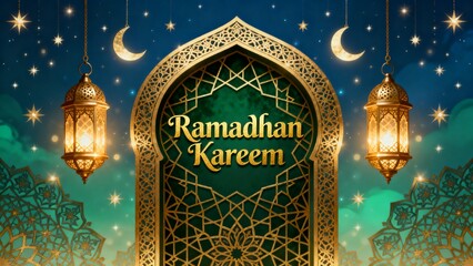 Festive Ramadan Kareem artwork with gold script ornate arch and stars conveying spiritual celebration and cultural tradition