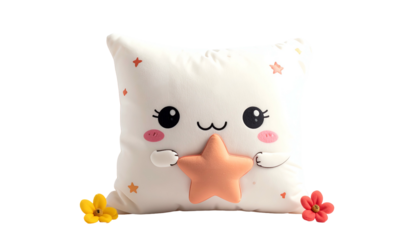 Adorable square pillow with cartoon face, star in arms, and flowers below