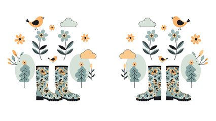A symmetrical spring-themed composition with patterned rain boots, flowers, birds, and other cute seasonal elements.