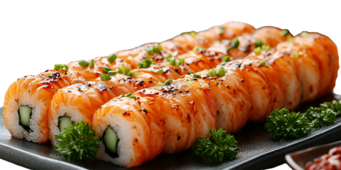 Sushi rolls close up image on dark plate with herbs