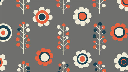 A retro seamless pattern with stylized geometric flowers and berry branches in a mid-century modern style and color palette.