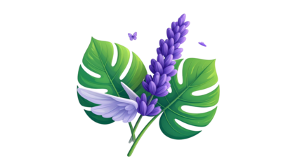 Stylized purple lavender, green monstera leaves, white wings, with a black background