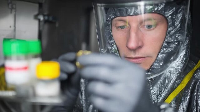 Engineer wearing full protective gear including face shield securing beryllium samples in a sealed container to ensure contamination control.