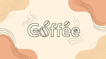 A creative 'Coffee' lettering logo with integrated coffee beans, set against a modern abstract background with fluid shapes.