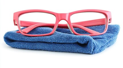 Stylish Pink Glasses Resting on a Soft Blue Cloth for Cleaning and Displaying