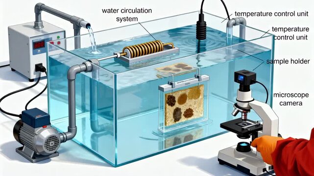 Laboratory setup for testing biofouling resistant materials showcasing equipment used to simulate aquatic conditions and organism attachment.