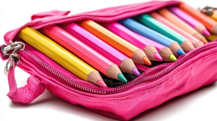 Colorful Pencils Inside Bright Pink Pencil Case for Creative Arts and Crafts Activities