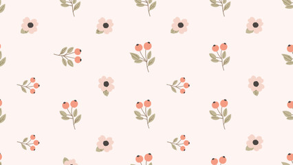 A simple and sweet seamless pattern of delicate pink flowers and sprigs of berries on a soft pastel pink background.