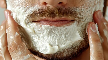 Close-up of a man applying shaving cream to his face with gentle hands for a smooth grooming routine