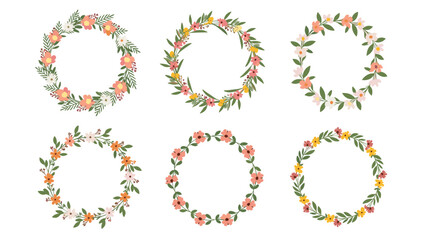 A beautiful collection of six different hand-drawn floral wreaths, each with a unique arrangement of flowers and leaves.