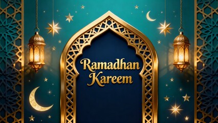 Festive Ramadan Kareem artwork with gold script ornate arch and stars conveying spiritual celebration and cultural tradition