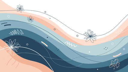 A modern abstract background with flowing wavy layers in pastel colors, accented with delicate hand-drawn floral doodles.