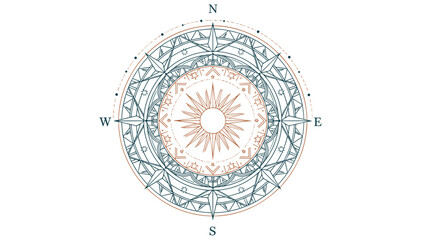 Intricate Compass Rose Design with Sunburst Center and Directional Markings.