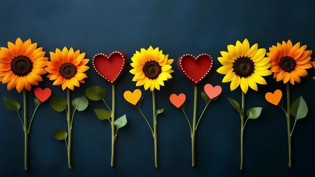 Vibrant sunflowers and heart accents in seamless blue background transition