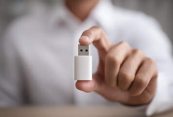 a hand holding a white flash drive
