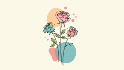 A beautiful and elegant continuous line drawing of three roses set against a background of abstract pastel-colored shapes.