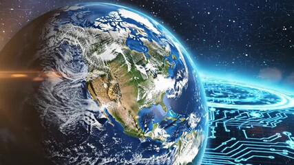 A stunning visual representation of earth from space with a circuit board pattern in the background representing technology and global connectivity in space - Powered by Adobe