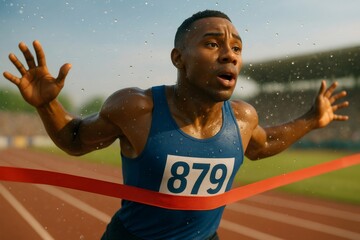 Determined male athlete crossing a red finish line tape, celebrating success and achievement in a stadium race