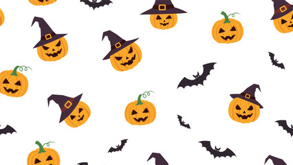 A fun and spooky seamless Halloween pattern with cute cartoon jack-o'-lanterns and black bats on a white background.
