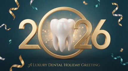 Golden 2026 New Year Dental Greeting Card with 3D Tooth, Confetti, and text 'a Luxury Dental Holiday Greeting'