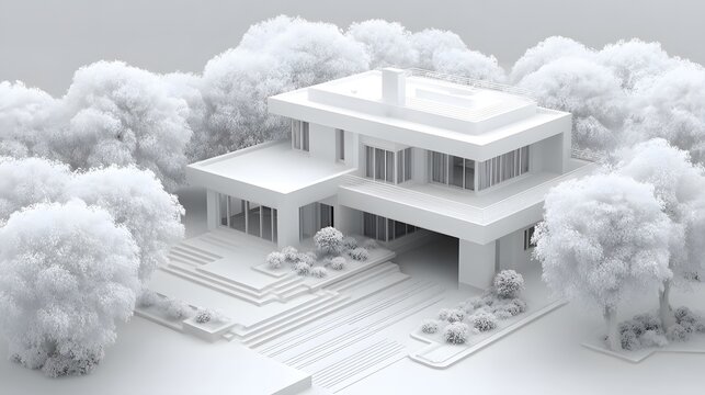 Isometric 3D white clay render of a modern house floor plan with clean lines, soft ambient occlusion shadows and surrounding stylized trees.
