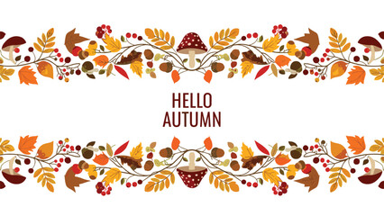 A 'Hello Autumn' greeting card design with symmetrical decorative borders of colorful fall leaves, mushrooms, and acorns.