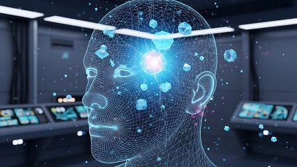 Silhouette of human head with glowing neural network patterns visible inside, digital brain representation, blue and purple neon lights, dark background, symbolic AI visualization