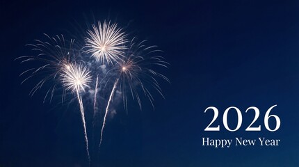Happy New Year 2026 with Fireworks in Dark Blue Night Sky