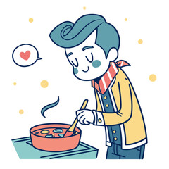 Happy young man cooking a delicious meal with love