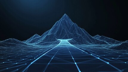 A 3D wireframe representation of a digital mountain landscape on a grid with neon blue highlights
