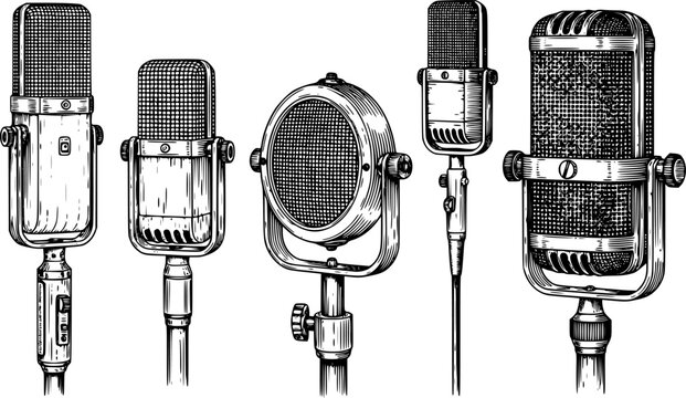 Vintage microphone illustrations in a detailed black and white line art style